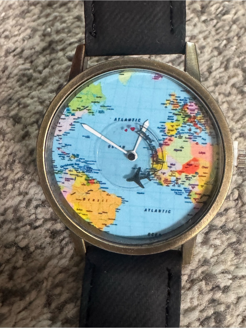World Map Airplane Dial Watch - Brown Strap NEW dial tag intact unisex